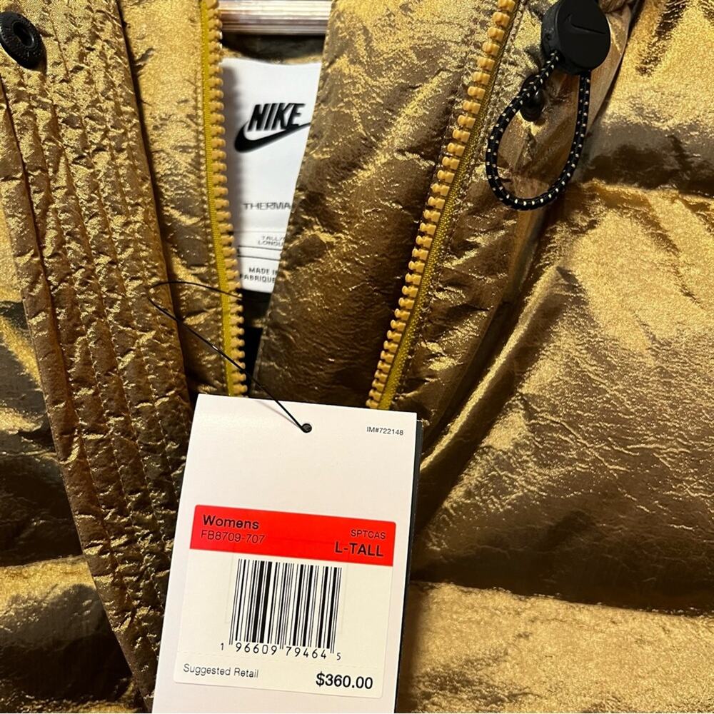 Nike Sportswear Women's Swoosh Puffer Shine PrimaLoft Jacket Large Gold Metallic - Picture 7 of 11